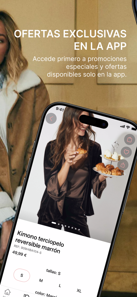 Algo bonito app interface displaying exclusive promotions and a product page for a brown velvet kimono.