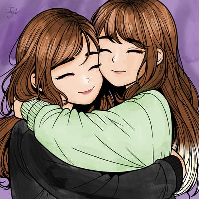 realistic two girls hugging