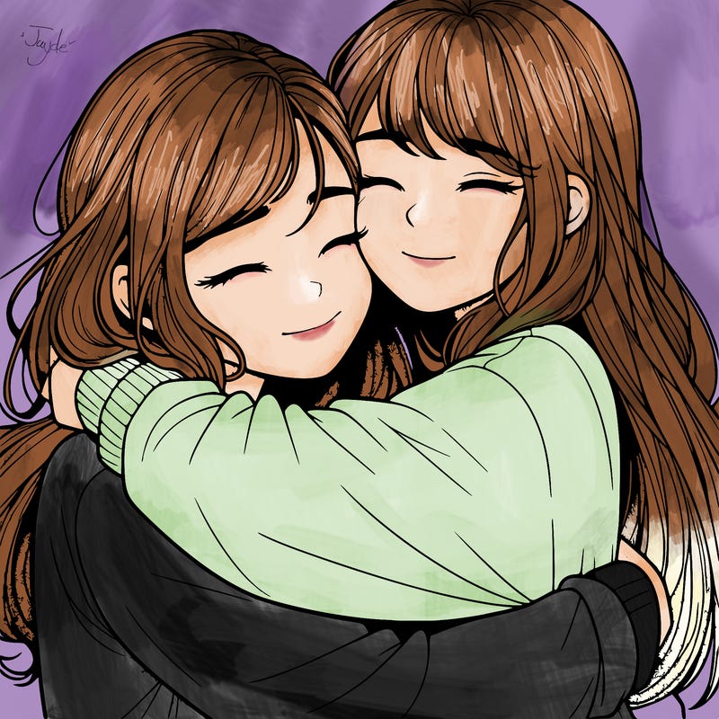 realistic two girls hugging