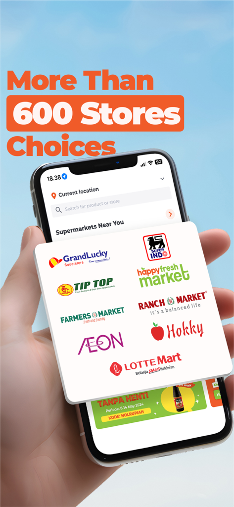 HappyFresh - Grocery Delivery - A hand holding a smartphone displaying the HappyFresh app with a banner stating More Than 600 Stores Choices and various supermarket logos including Lotte Mart and Ranch Market.