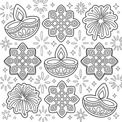 Get ready to celebrate the festival of lights with this unique coloring page! Discover a sweet assortment of gummy candies designed as traditional Diwali elements, perfect for adding your personal vibrant touch.