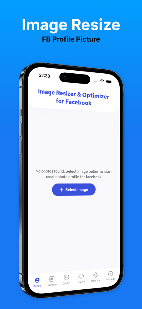 Interface of the FSaver app showing the image resizer and optimizer tool for Facebook profile pictures on an iPhone