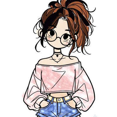 girl with a messy ponytail glasses a baggy crop top and jean shorts