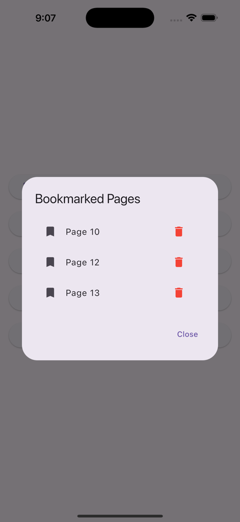 Interface showing a list of bookmarked pages in the Lams e Junoon romantic novel app.