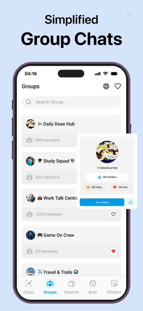Telegram Tools -Group, Channel - Une interface d'application mobile présentant une liste de chats de groupe Telegram simplifiée avec une fenêtre contextuelle pour rejoindre un groupe et des métriques d'engagement communautaire.