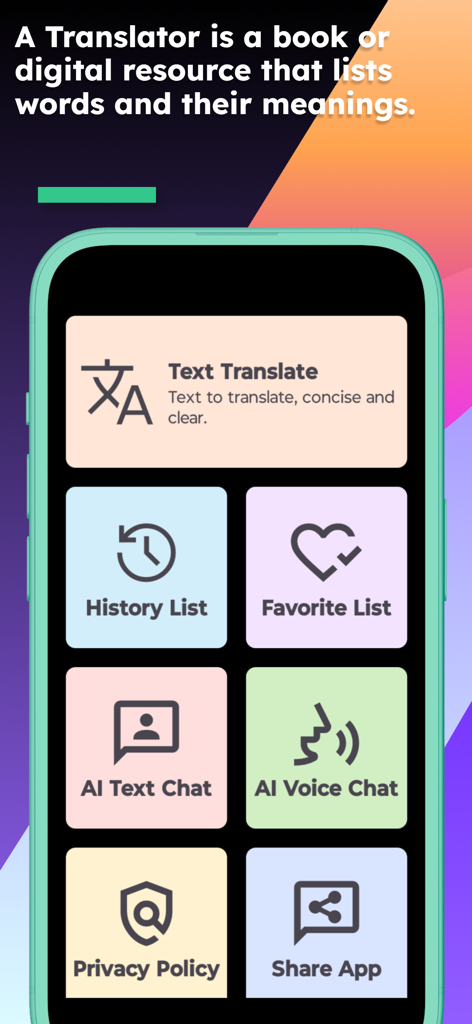 Hauptmenü der Englisch Tibetisch Übersetzer App mit Übersetzungs- und Historienfunktionen