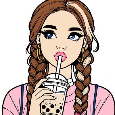 realistic girl with braided hair drinking boba