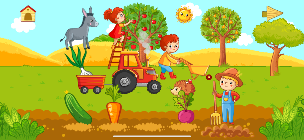 Farm animal pet games for kids - Ilustración de dibujos animados de niños cosechando frutas y verduras en una colorida granja con un tractor y animales