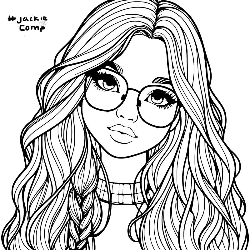 girl with long hair and freckles and glasses realistic