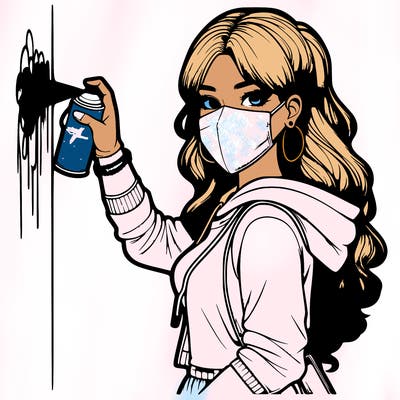 realistic girl with mask spray painting a wall
