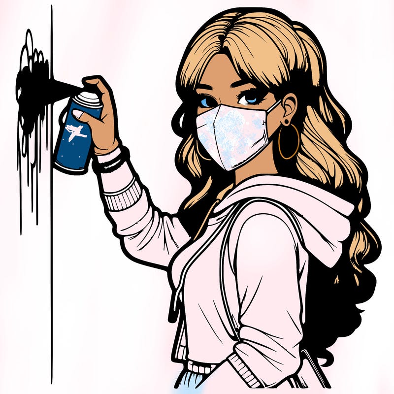 realistic girl with mask spray painting a wall