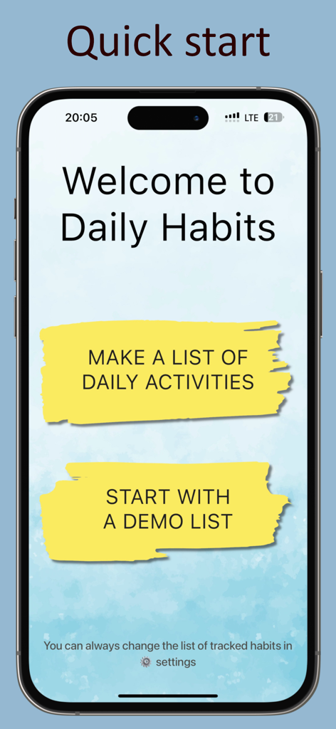Track daily activity or habits - Pantalla de bienvenida de la aplicación Daily Habits con opciones para crear una lista de tareas o empezar con una demostración