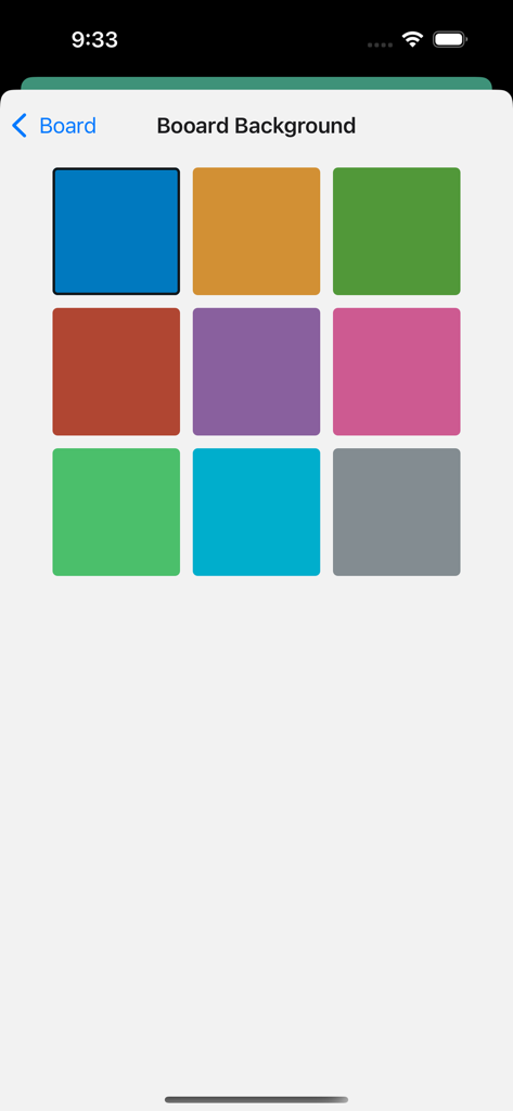 Ein Bildschirm in der Balello-App, der neun verschiedene Volltonfarben zur Anpassung von Board-Hintergründen zeigt.