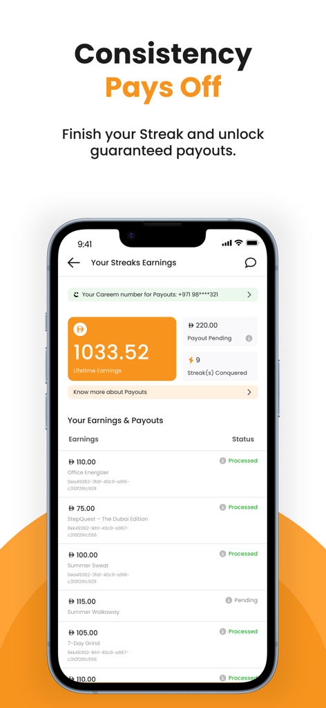 Fitze-Get Rewarded for Walking - Panel de ganancias de la aplicación Fitze que muestra recompensas de por vida y pagos de rachas