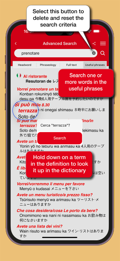 Erweiterte Suchfunktion in der Japanisch-Italienisch-Wörterbuch-App von Hoepli mit nützlichen Restaurant-Phrasen und Querverweissuche.
