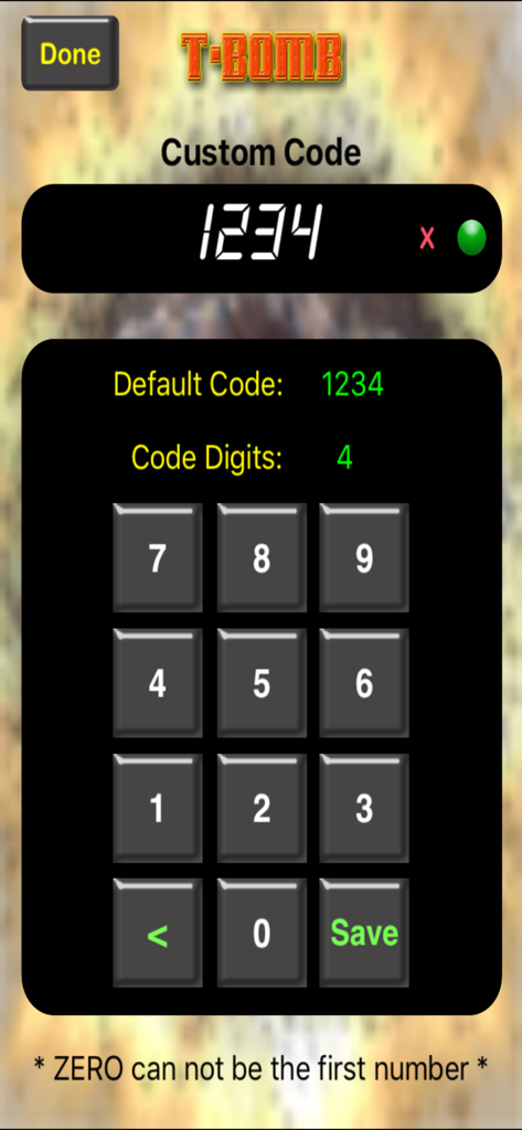 T-Bomb - Tela do aplicativo T-Bomb para definir um código de desarmamento personalizado de quatro dígitos com um teclado numérico e botão de salvar