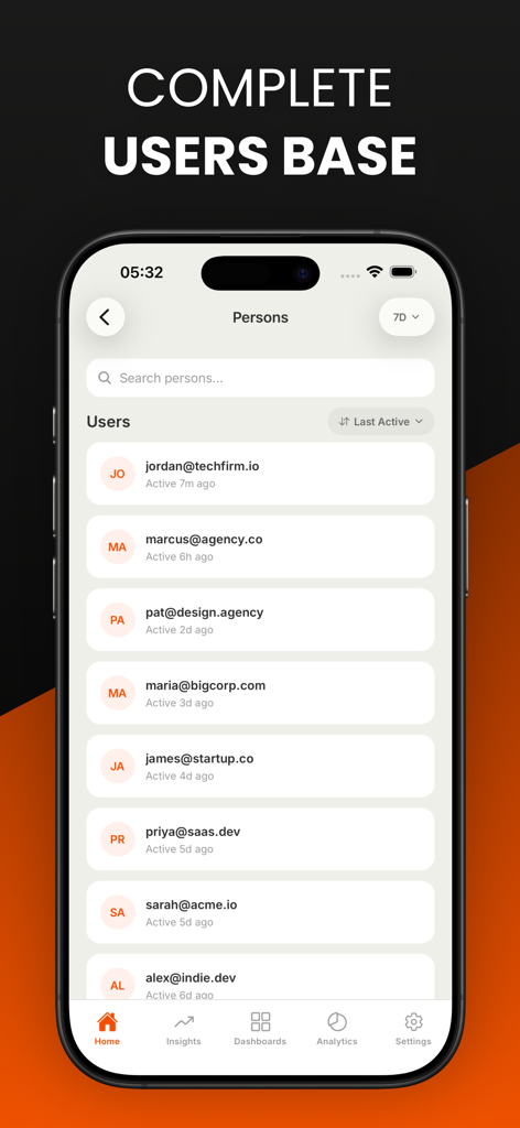Hogit - PostHog Analytics - Interface do aplicativo móvel Hogit mostrando uma lista de usuários registrados e seu último status ativo