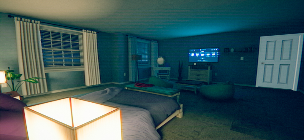 A dimly lit bedroom with a glowing lamp and eerie blue lighting in an analog horror style