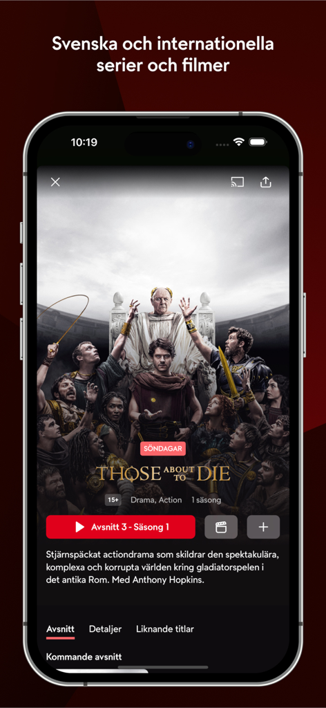 TV4 Play App Benutzeroberfläche auf einem Smartphone, die schwedische und internationale Serieninhalte anzeigt