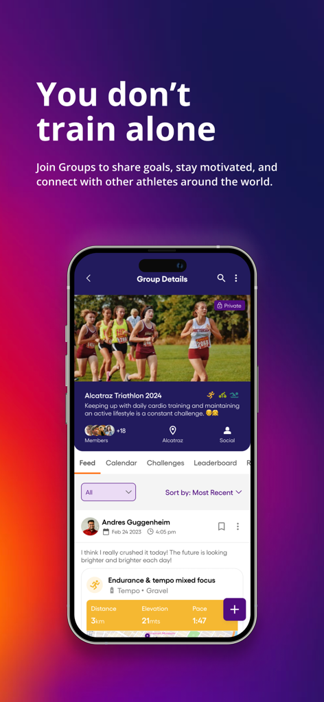 Humango: AI Training Planner - Humango app interface showing a triathlon community group with social feed and athlete training stats