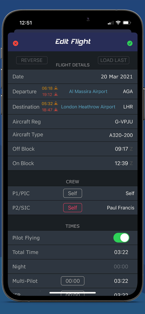 Screenshot of Swift Pilot Logbook app flight entry screen showing aircraft type crew and flight times