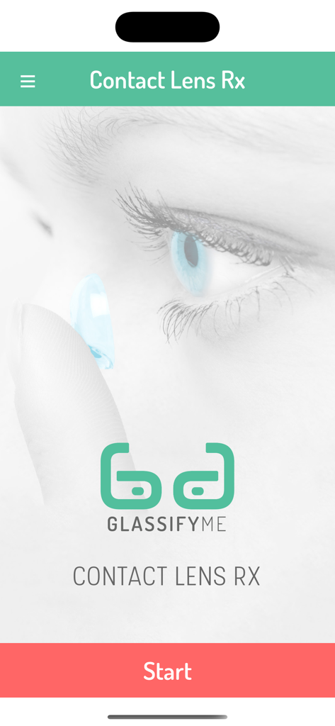 Contact Lens Rx by GlassifyMe app home screen with start button
