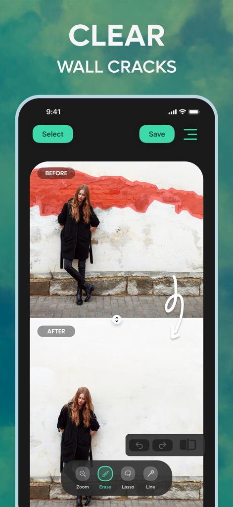 Remove Objects, Photo Eraser - Un confronto prima e dopo che mostra una donna in piedi contro un muro con crepe rosse che vengono rimosse con successo dall'app Photo Eraser