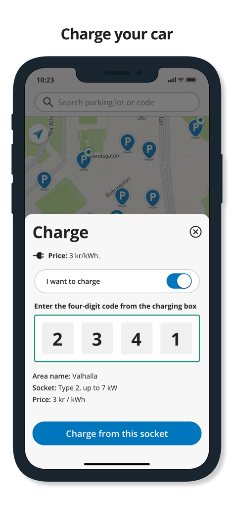 Parkering Göteborg - Interface of the Parkering Goteborg app showing an electric vehicle charging session setup with a map background and code entry field