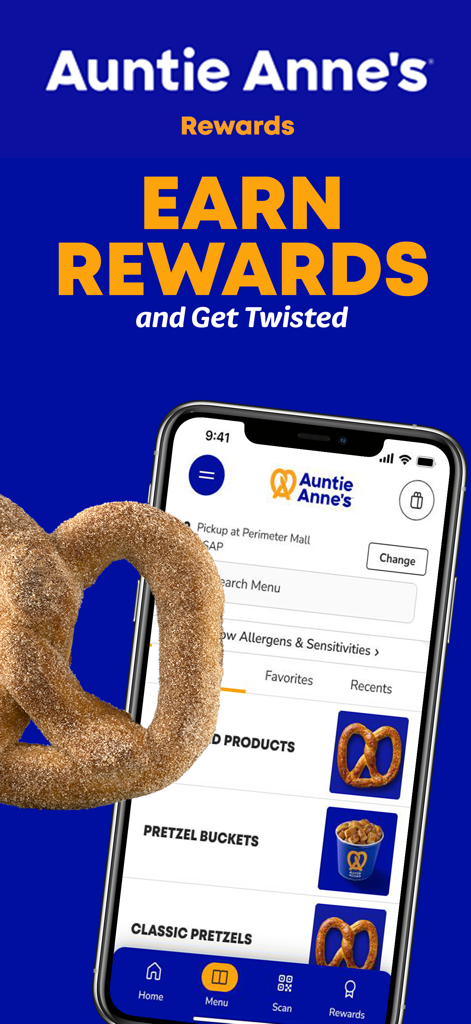 Smartphone screen showing the Auntie Anne's Rewards app menu and a cinnamon sugar pretzel