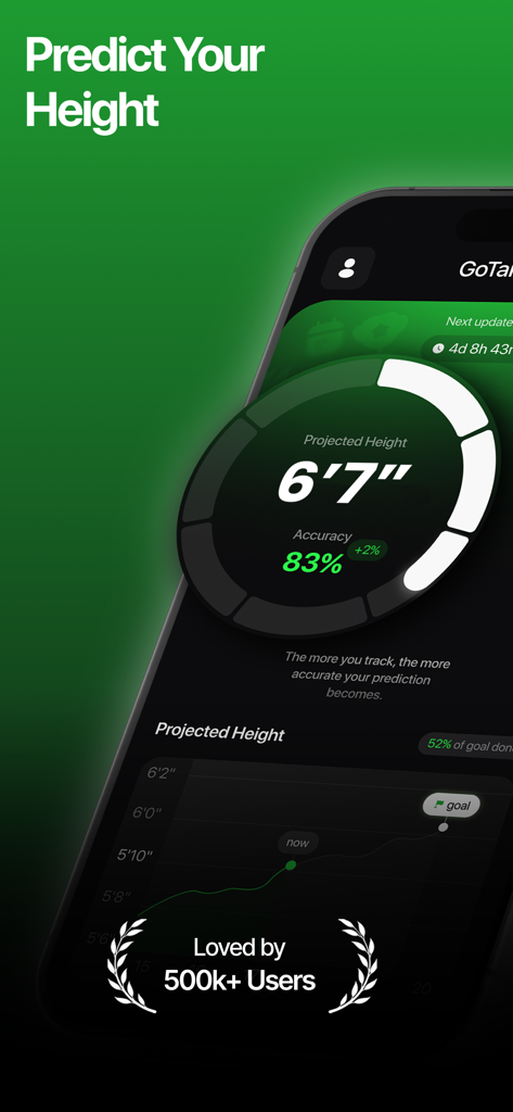 Smartphone showing the GoTall app interface with a projected height of 6 feet 7 inches and a growth tracking chart