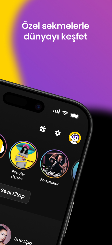 fizy – Music & Podcast - Pantalla de smartphone que muestra las categorías de descubrimiento de la aplicación fizy para música y podcasts