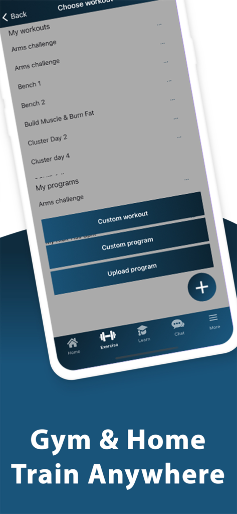 Dr. Muscle AI Personal Trainer - Interfaz de la aplicación Dr. Muscle mostrando opciones para seleccionar o crear programas de entrenamiento personalizados para el gimnasio y el hogar.