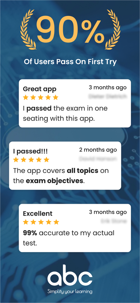 AZ-900 practice test app marketing screen showing a 90 percent pass rate and positive user testimonials