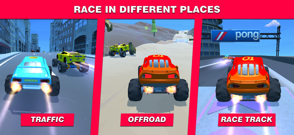 Super Monster Truck Racing - Screenshot of Super Monster Truck Racing game modes including traffic offroad and race track locations.