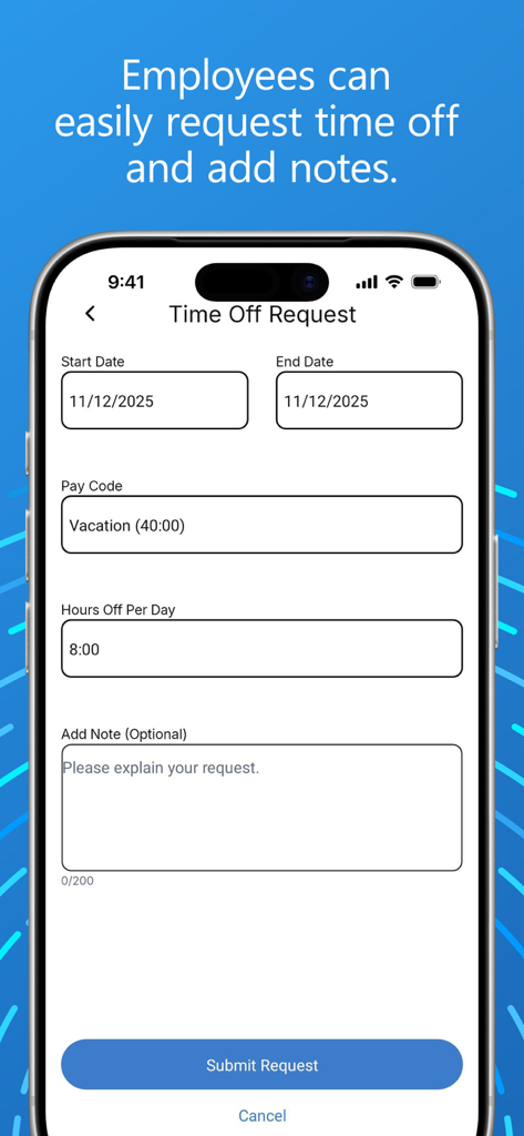 PayClock - PayClock mobile app screen for employees to request time off and vacation days