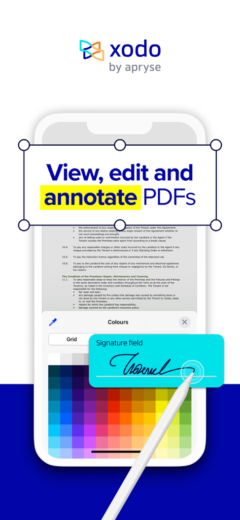 Xodo mobile app interface showing PDF document editing and digital signature with a stylus