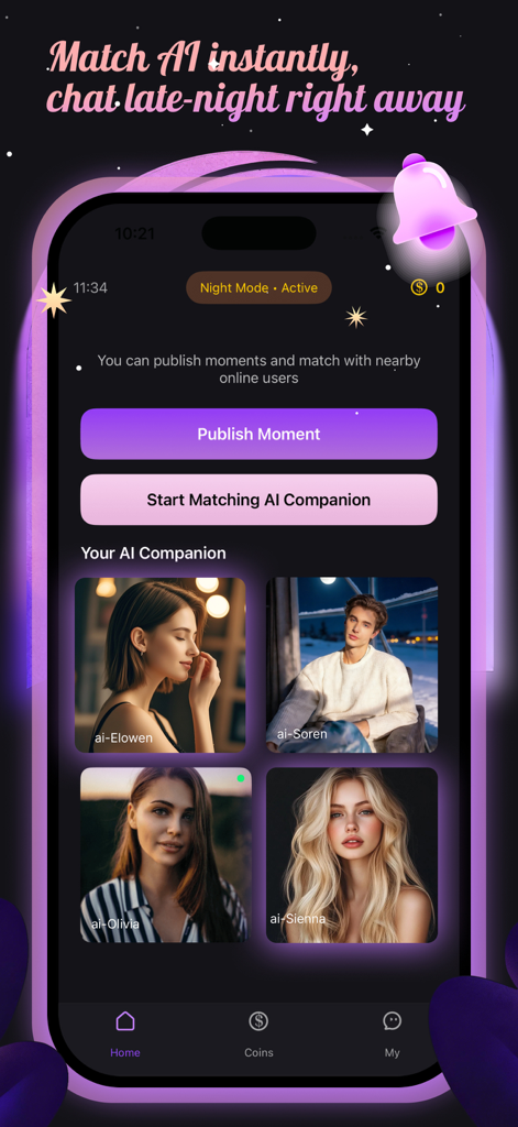 Midn: Night Chat - Interface do aplicativo Midn mostrando a tela de correspondência de companheiro de IA com perfis em modo noturno