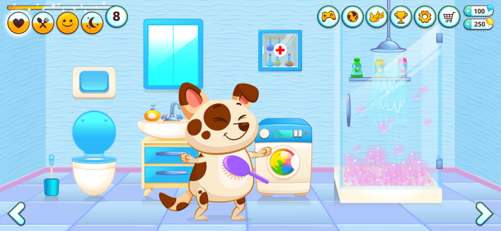 Duddu - My Virtual Pet Dog - Duddu, o cão de estimação virtual, sendo escovado em um banheiro azul com chuveiro e máquina de lavar