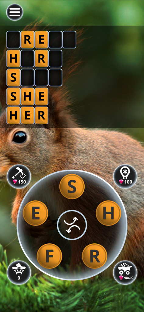 Jugabilidad de puzzle de conectar palabras con fondo de ardilla y selector circular de letras.