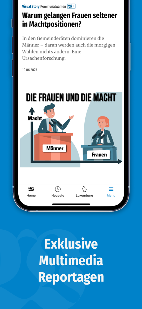 Wort.lu - Écran de smartphone affichant un reportage multimédia de l'application d'actualités Wort.lu sur le genre et le pouvoir