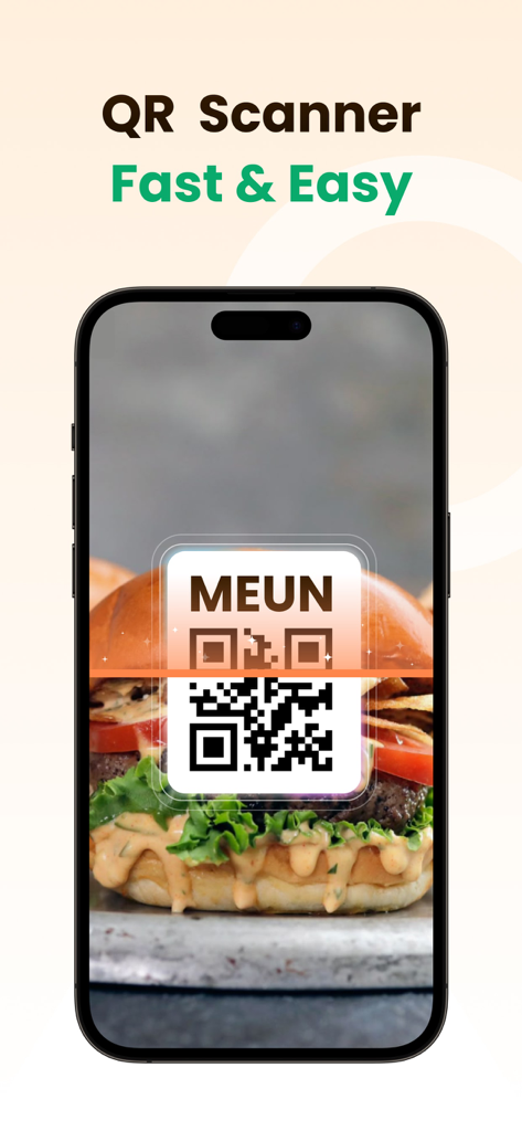 A smartphone scanning a restaurant menu QR code using the Scan QR Now app