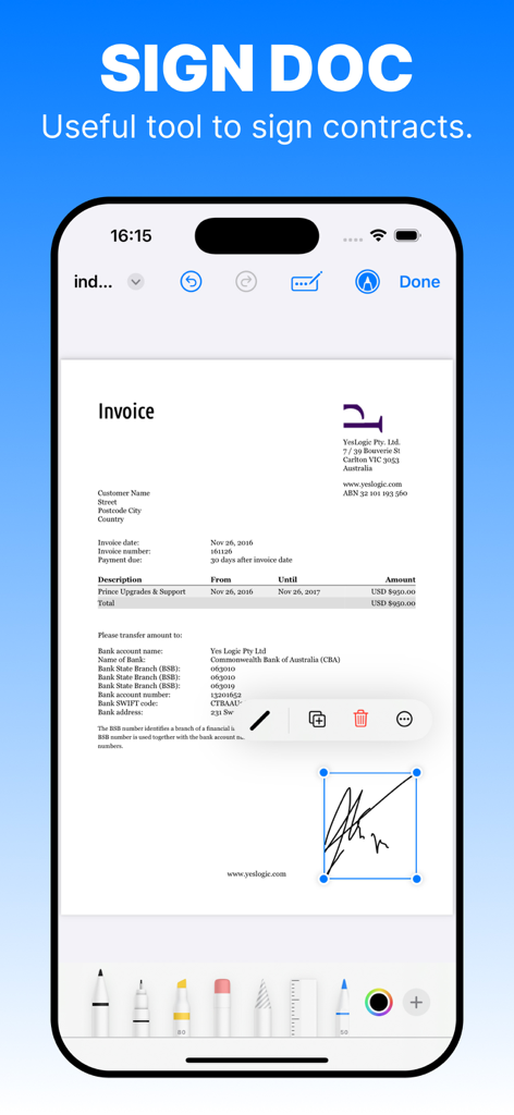請求書ドキュメントのデジタル署名機能を示すスマートフォンの画面。スキャンPDFアプリ。