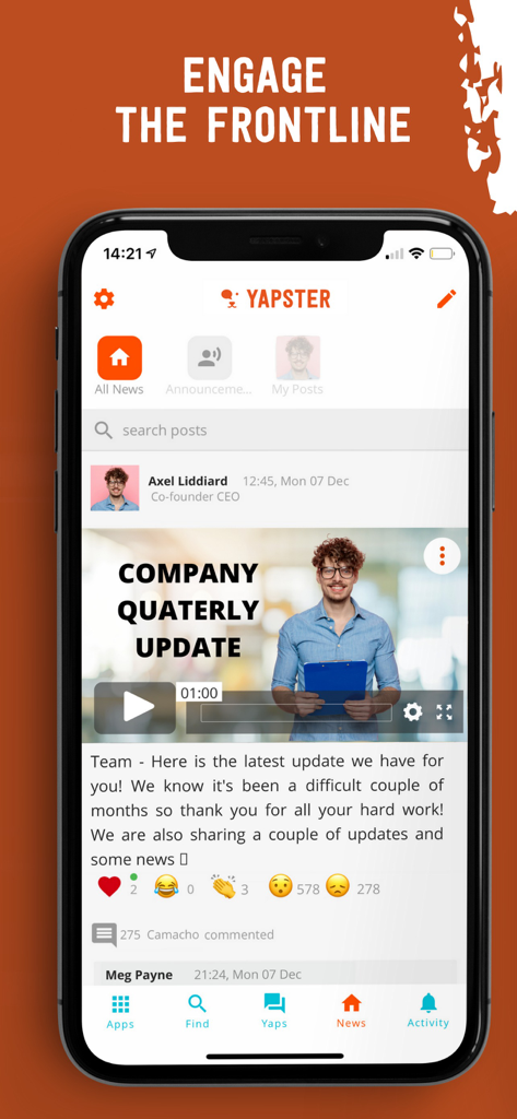 Yapster mobile app interface showing a news feed with a company quarterly update post and team reactions