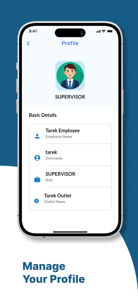 Écran de gestion de profil dans l'application Soft POS By fawri affichant les détails du superviseur et les informations du compte