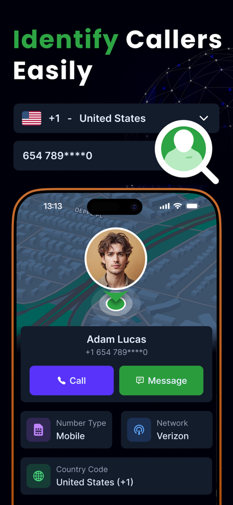 Mobile app interface displaying caller identification details including name network carrier and geographic location on a map