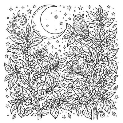 Discover the magic of a coffee plantation at night with this enchanting coloring page. Featuring coffee plants laden with berries, alongside wise owls, under a sky full of stars and a crescent moon, it promises a uniquely calming coloring experience.