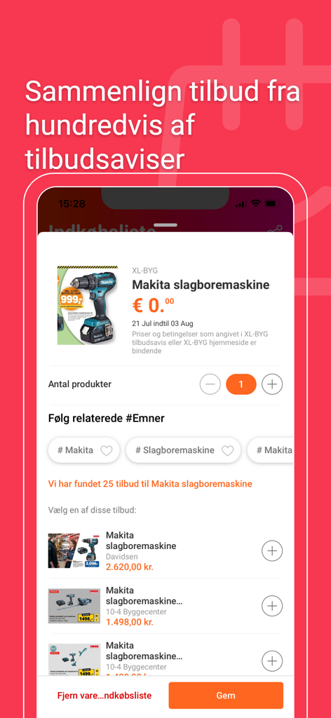 A mobile app interface comparing prices for a Makita drill across various retail circulars in Denmark.