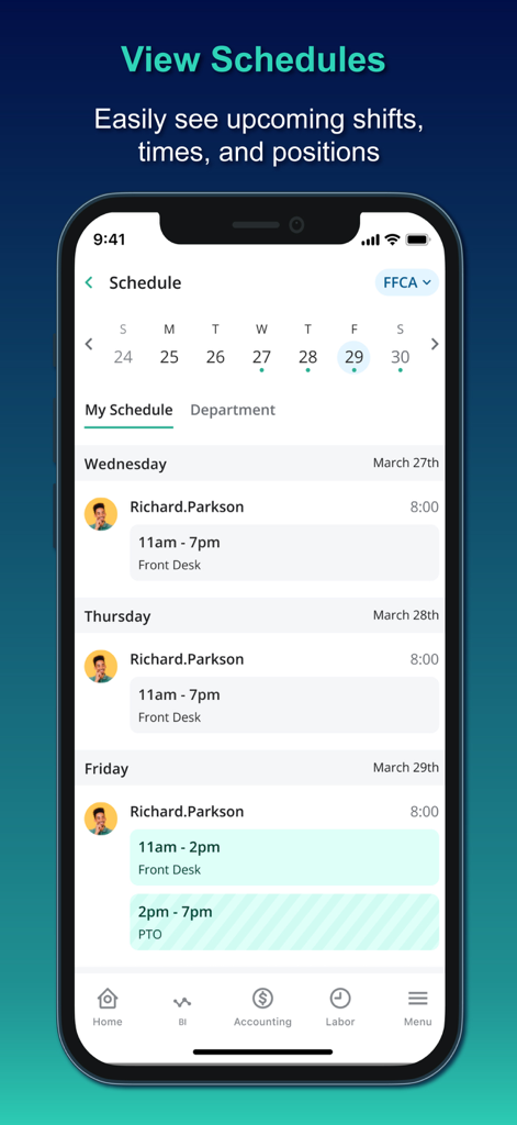 Inn-Flow Mobile - Aplicación Inn-Flow Mobile que muestra horarios de trabajo de empleados y horas de turno para el personal del hotel