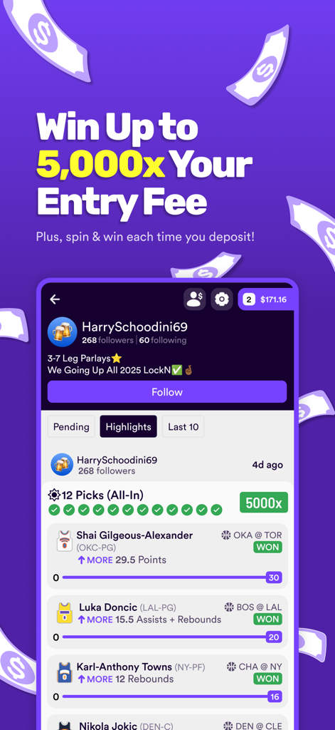 Dabble - Real Money Pick 'Em - Dabble app screen showing a winning 12-pick parlay with a 5000x payout multiplier.