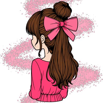 realistic girl  with hip length hair a bun and a big bow on the back of head